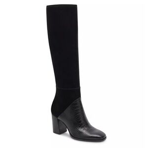 Dolce‎ Vita Fynn Black Suede Crocodile Embossed Leather Heeled Tall Boot Size 6